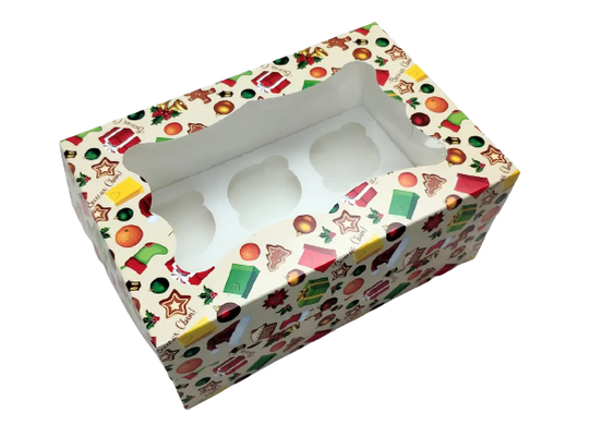 Коробка на 6 капкейков с окном Новогодняя