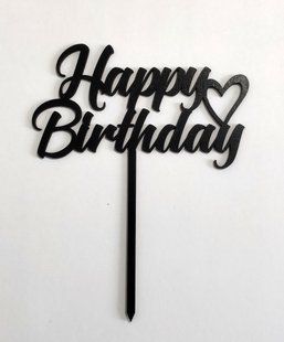 Топпер чорний "HAPPY BIRTHDAY з серцями 12 см" акрил