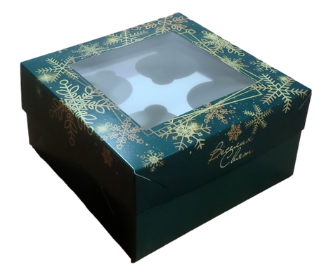 Коробка на 4 капкейка с окном Новогодняя