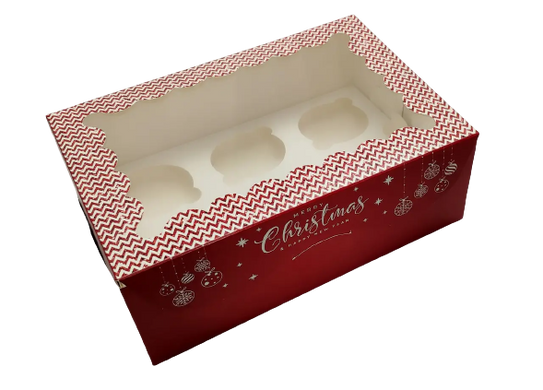 Коробка на 6 капкейков с окном Новогодняя красная