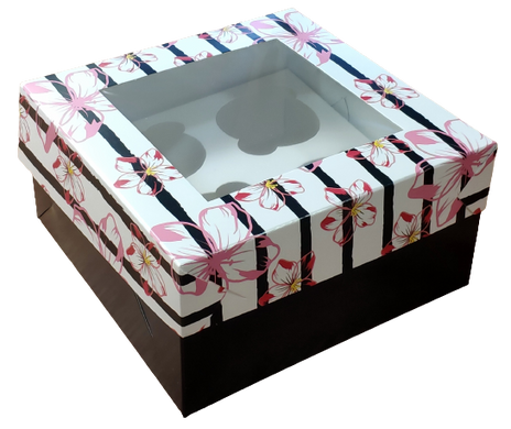 Коробка на 4 капкейка с окном Полосатая