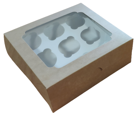 Коробка на 9 капкейков с окном крафт
