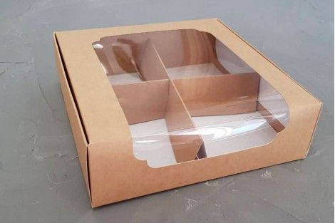 Коробка 20*20*6 см з вікном на 4 ділення крафт